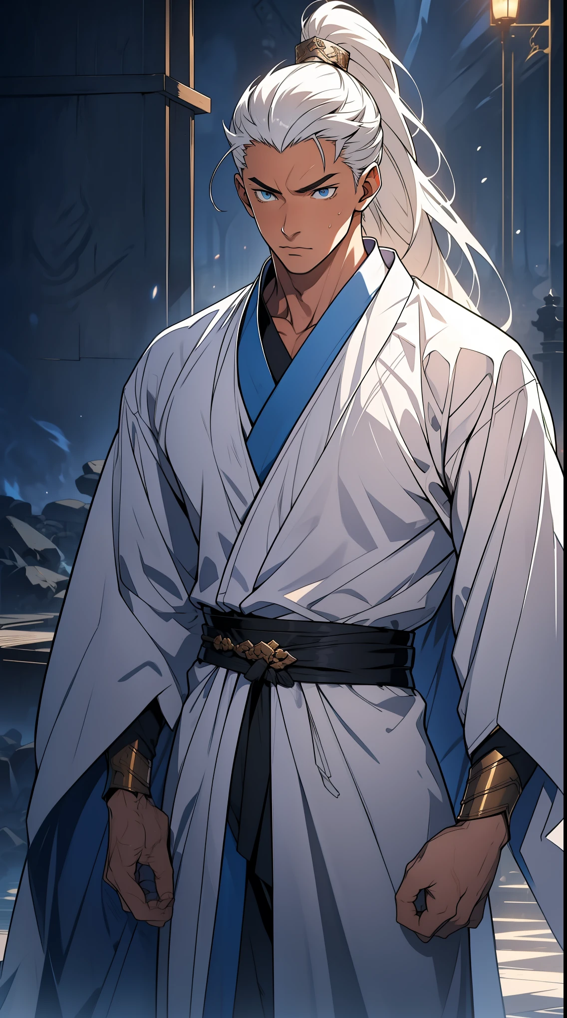 Two dimensions，anime style，one person（male warrior），proportions are correct，facial details，swordsman，high ponytail hairstyle，neck detail，Have an Adam&#39;s apple，White robe，joke，white robe，clothing details，transfer，long sleeves，Game quality，fencing，Ray tracing，Ray tracing，Detailed glow，CG rendering，hair details，long white hair，blue eyes，Handsome，Handsome，（Youthful feeling），Clothing is complicated，Perfect composition，refine，high quality，higher details，many details，Complex background，a sense of atmosphere，