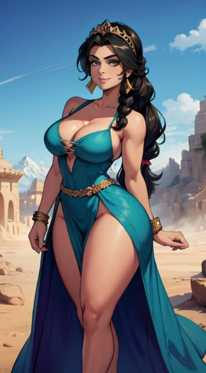Portrait of Carmen Electra as princess Jasmine, a young woman, beautiful, thick hair tied in a braid, a thick hairband, wearing an arabic harem dress, cleavage visible, standing on a cliff, mountains visible in background , smiling, high resolution, light effects