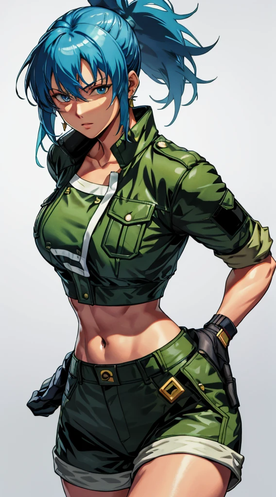 masterpiece,, best quality, highres, 1girl, leona heidern, blue hair, blue eyes, ponytail, green shorts, midriff, crop top, black gloves, breasts, military uniform, green jacket, earrings, jewelry, navel, large breasts, cowboy shot,