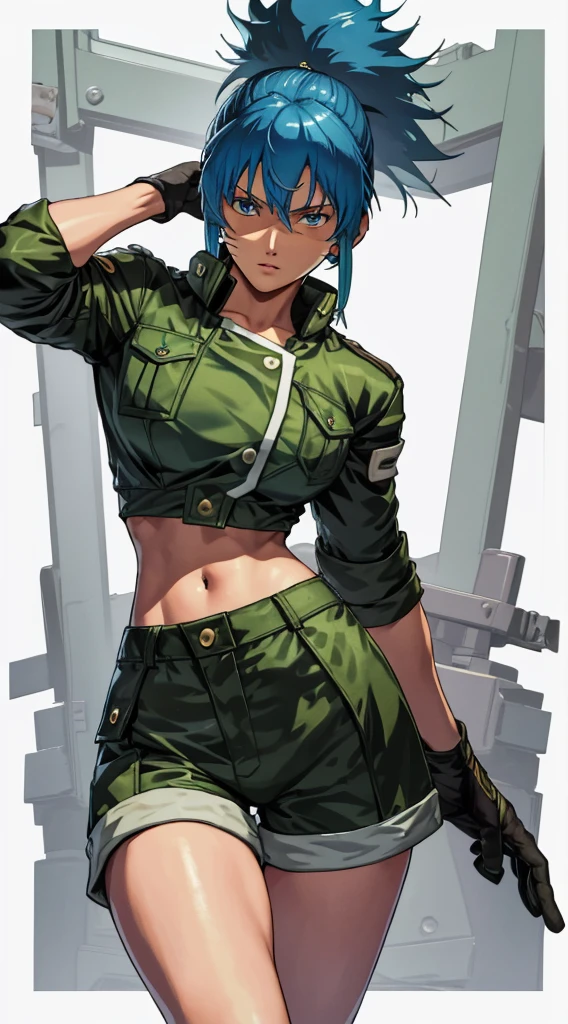 masterpiece,, best quality, highres, 1girl, leona heidern, blue hair, blue eyes, ponytail, green shorts, midriff, crop top, black gloves, breasts, military uniform, green jacket, earrings, jewelry, navel, large breasts, cowboy shot,