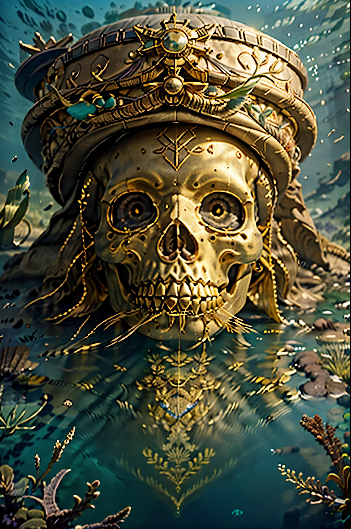 giant skull of gold under ocean, detailed skull, gold, floating skull inside of ocean, treasure boxes, gold, plants that surround that skull beautifully, discovered by female under water diver, distant photography, diver looks small as compared to size of skull, little beam of sun that spots that skull, beautiful ocean world, fishes, plants, stones, hyper realistic, 24k, ultrarealistic