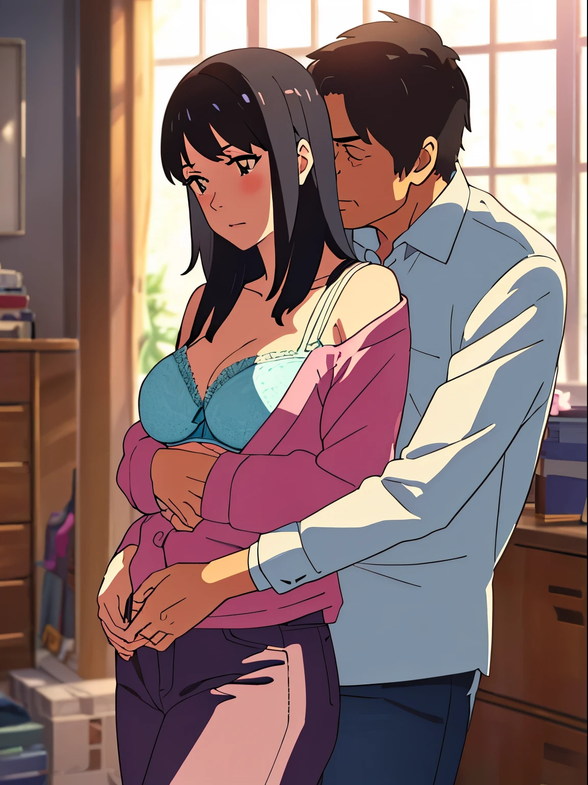 shinkai makoto, kimi no na wa., 1middle age man, wrinkle face, black hair,bangs swept to the right side, 1middle age man, caressing girl's body, kiss cheeks, passionate hug, 1middle age man, is hugging from behind, chestgrope from behind, 1middle age man, is touchig girl's chest, hold chest, 1girl, bangs, black hair, brown eyes, Twisted Half Up, red ribbon, long hair, yellow collared shirt, open shirt, off shoulders,unbuttoned shirt, pink bra, cleavage, breast, medium breast, blue pants, storage room, indoors, masterpiece, perfect anatomy, cowboyshot