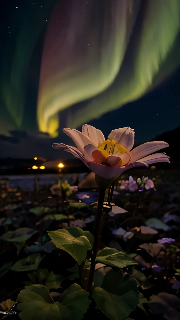 Flower in sunlight and Northern lights 