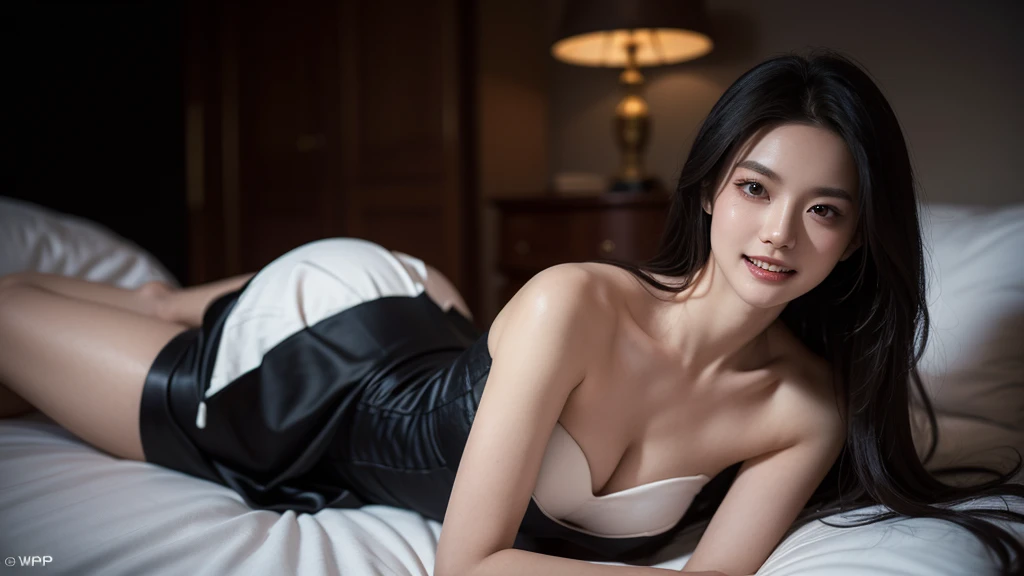 (Woman lying on silk bed),mature mature young, very cute, 極端なクローズアップwhole body, perfect face with soft skin, gorgeous long wavy brown hair, 8K resolution, surreal, Super detailed, high quality, Erotic beautiful woman in tight dress, dress with wide open chest, (Huge: 1.5), High-rise luxury hotels, next to the window in the room, night view, Expensive necklaces, detailed face, fine eyes, detailed lips, wet lips, Red luster, white skin, perched by the window of the room, arm behind head, show your armpits, Best skin, whole body, black dress, thin waist, In the room at night, thin legs, long legs, Black pin heels