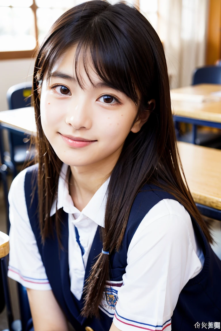 High-quality 4K、realistic depiction、Japanese idol faces、17-year-old high school student、beautiful skin、medium hair、black hair、medium meat、droopy eyes、upward glance、high school uniform、smile、school classroom