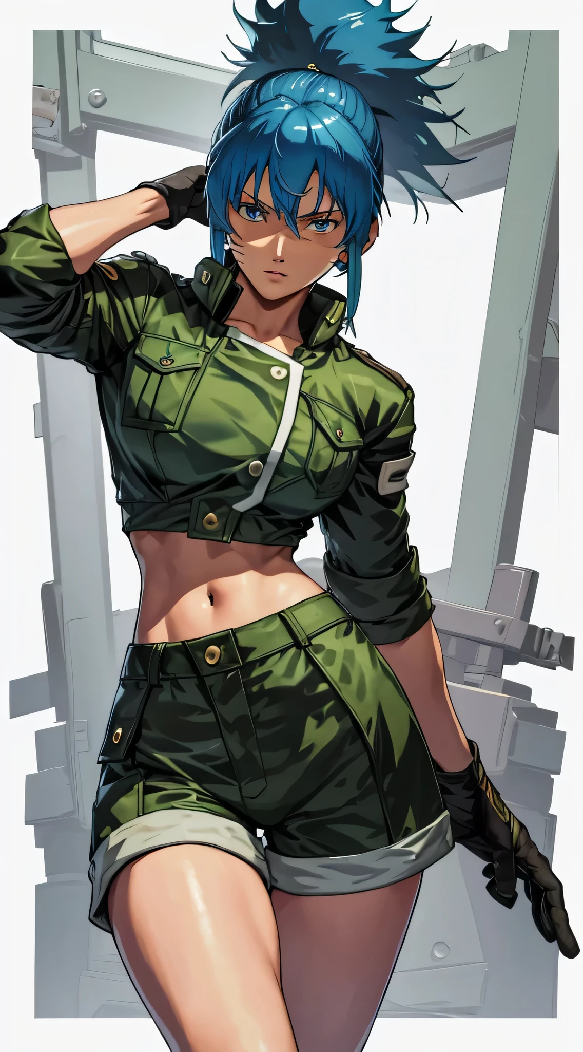 masterpiece,, best quality, highres, 1girl, leona heidern, blue hair, blue eyes, ponytail, green shorts, midriff, crop top, black gloves, breasts, military uniform, green jacket, earrings, jewelry, navel, large breasts, cowboy shot,