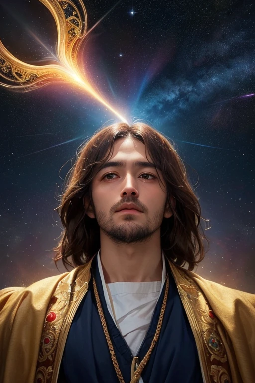 God the alpha omega , elshaday, almighty the infinity ♾. looking from heavens sky to earth sadly. He is a all knowing man lived infinity age . He look holy
