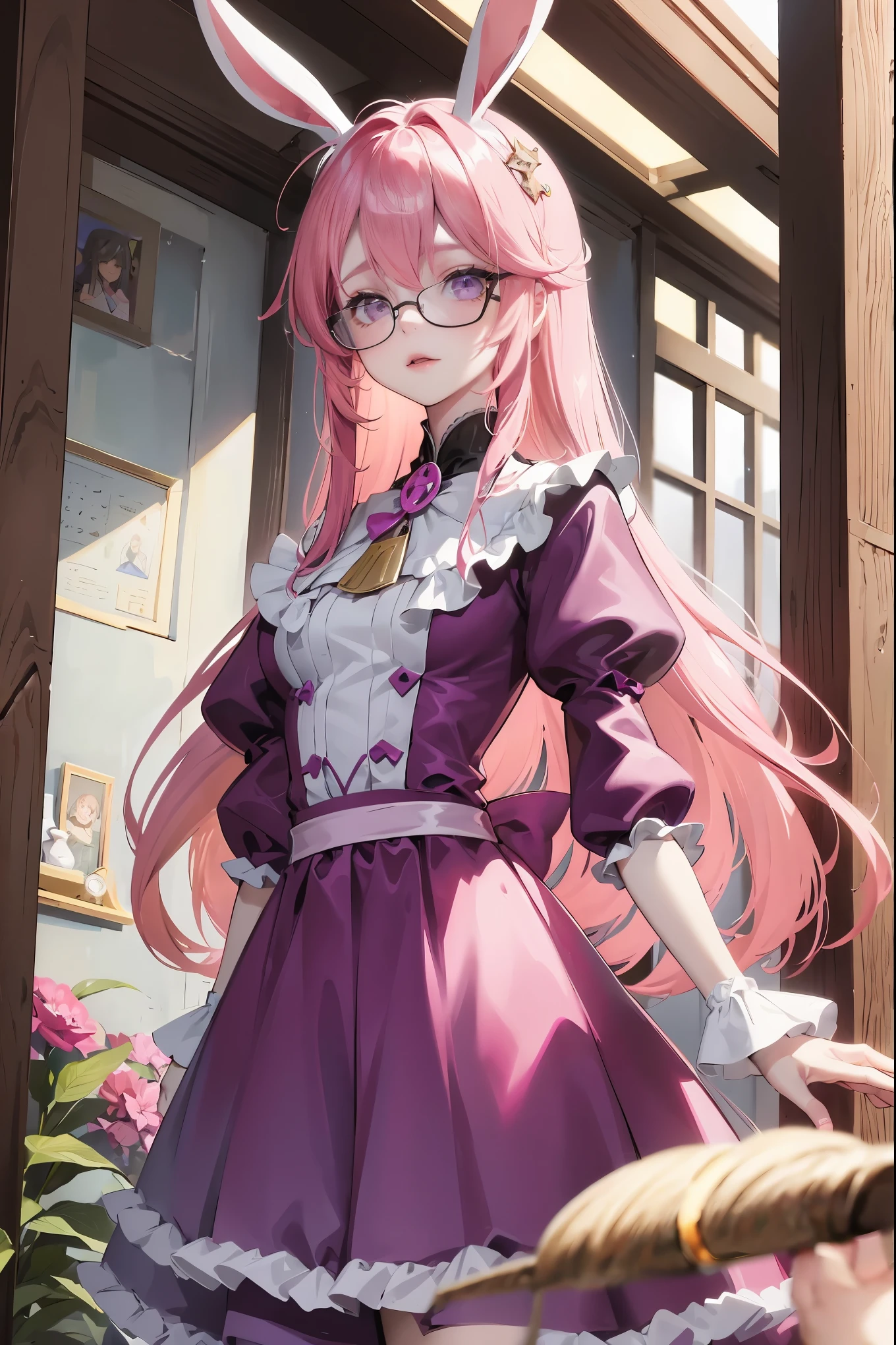 a boy with bunny ears, long pink hair and purple eyes wearing glasses and cute dress clothing, inside a cottage, fantasy, anime style, perfect lips, symmetrical face, pale skin