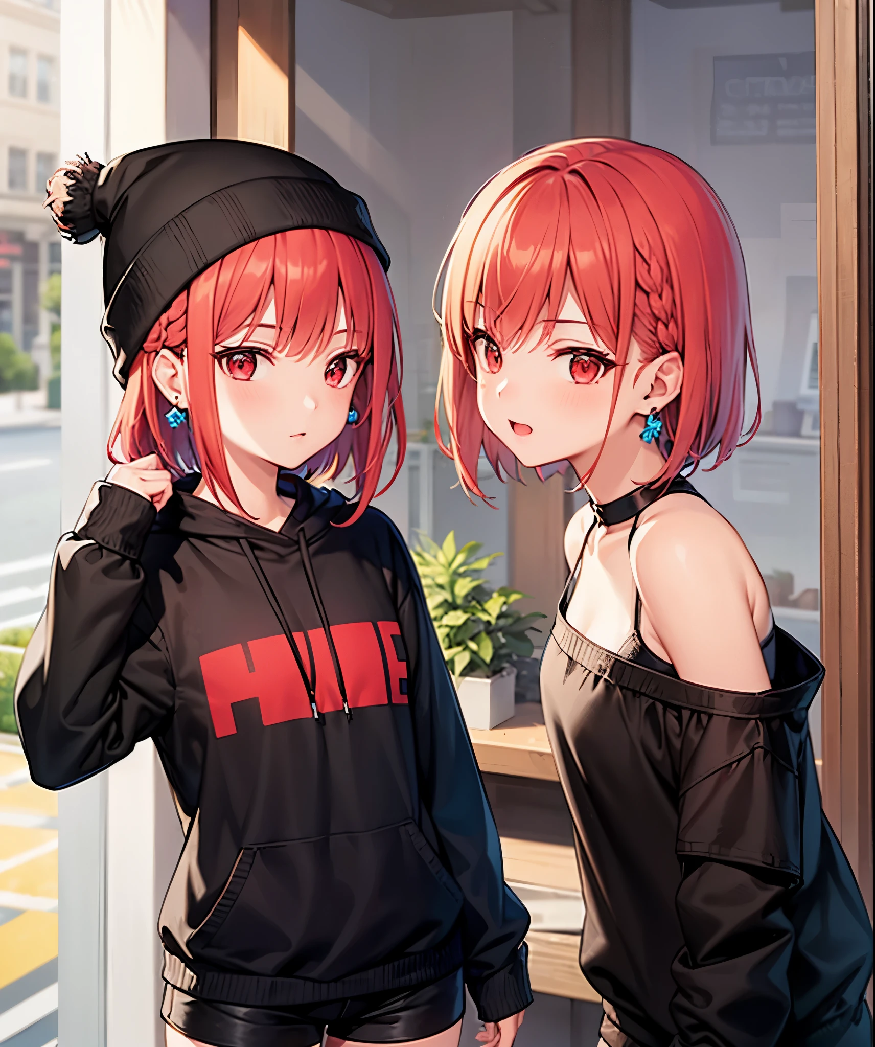 1 female,bright red hair,short bob,Braiding hair,red eyes,3 earrings in left ear,Black long sleeves,Black shorts,knit hat