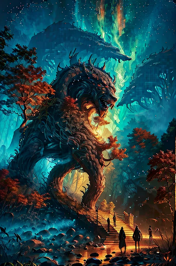 "cinematic 16k resolution masterpiece illustration painting consisting of oil, watercolors and ink :: dark scary forest scary autumn trees bonfire Ivan Aivazovsky Kentaro Miura Gustave Doré Greg Rutkowski romantic naturalism fall autumn landscape :: conveys awe inspiring adventure and horror :: detailed background shadows beasts monsters darkness, :: frisco sky dark large full moon full of stars :: vibrant red, black, and orange palette :: intricate motifs perfect composition insanely-detailed extreme-detailed hyper-detailed volumetric deep rich colors volumetric lighting shadows Ray tracing"