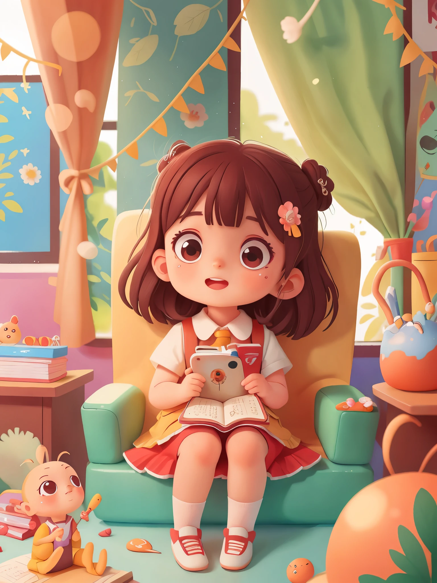 1 girl, ,Sitting in the school bus, Looking out from the car,nursery s (masterpiece: 1.2) (actual: 1.2) (Bokeh) (best quality) (delicate skin: 1.3) (intricate details) (8k) (delicate eyes) (sharp focus), (happy)