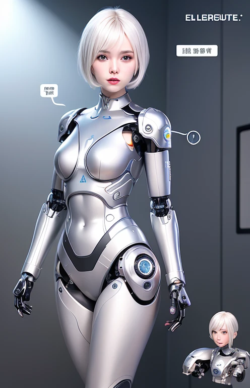 robot girl, plugsuit, human head, cute girly face, short hair, robotic arms, robotic legs, robotic hips, black bodysuit, cleavage, white armor bra, white armor panties, studio lighting, detailed robotics, hydraulics, mechanical joints, doll like, highly detailed, sharp, high quality, cutting edge, beautiful render, dramatic pose, detailed shading