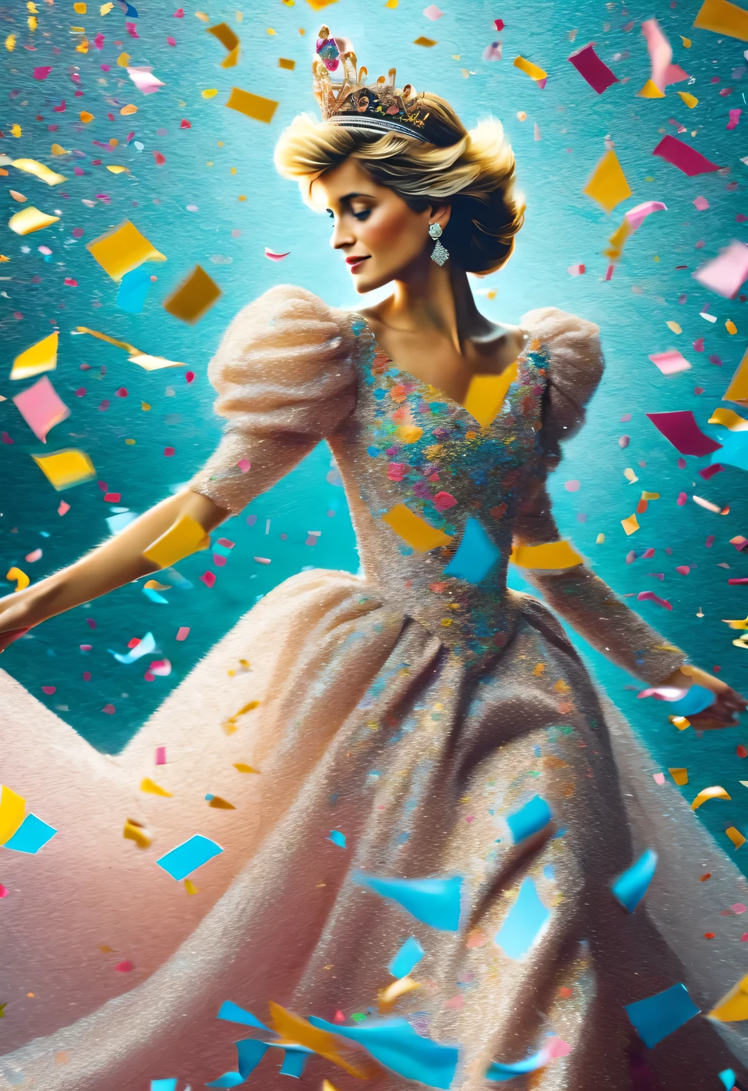 (Confetti is flying），（Princess Diana）Alyssa Lazer (Aliza Razell) style, beautiful details，极繁主义style ,