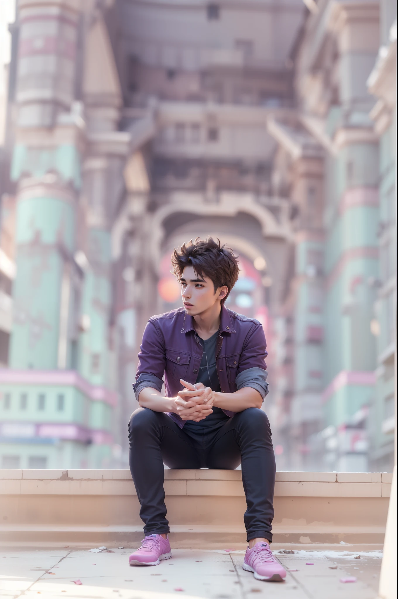 Masterpiece, high quality, high details, realistic face, ultra realistic, face 4K, City blurry background, background must be untouched similar face, 1guy, (messy hair style), 20 year old guy, (sitting on top of the building), cinematic colour grading, (pink and purple color tone), (evening color grading)