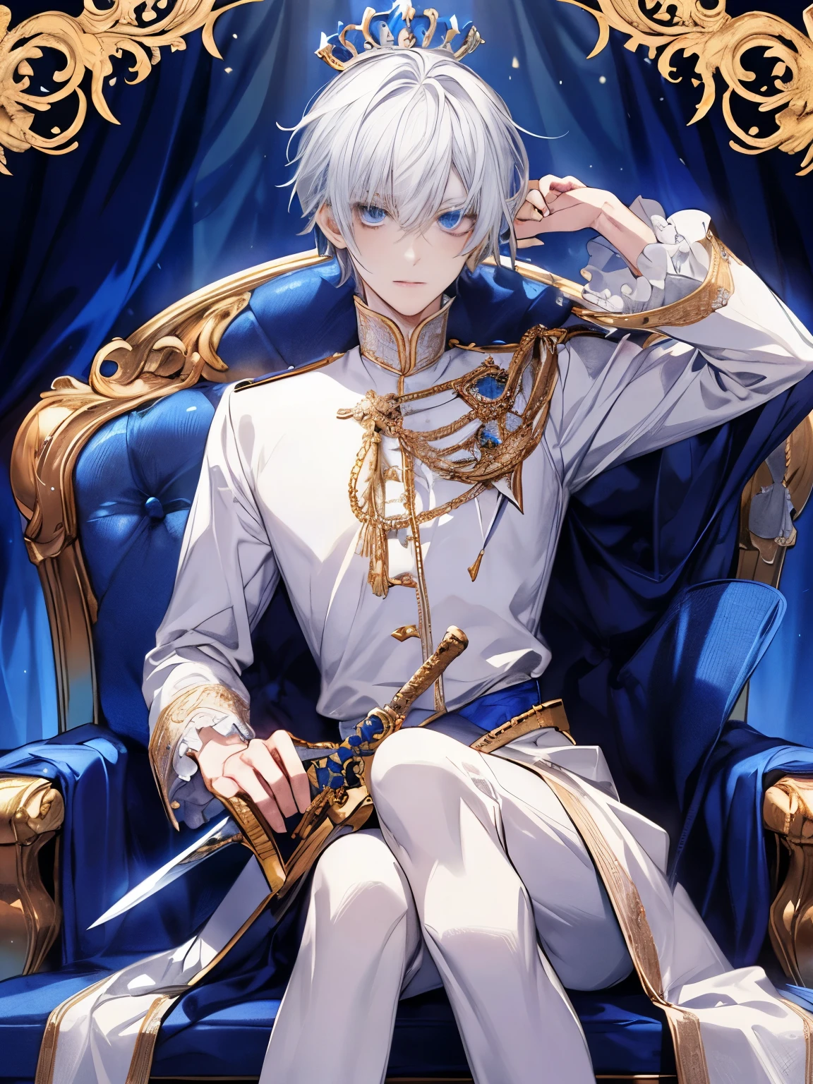 Fantasy, prince, white hair, blue eyes, boy, staring coldly, royalty, elegant clothes