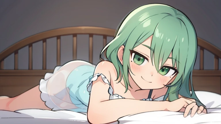 highest quality,　Highest image quality,　masterpiece,　tamaki, green hair, green eyes, mole under eye, negligee,　relaxed atmosphere, smirk,　bed