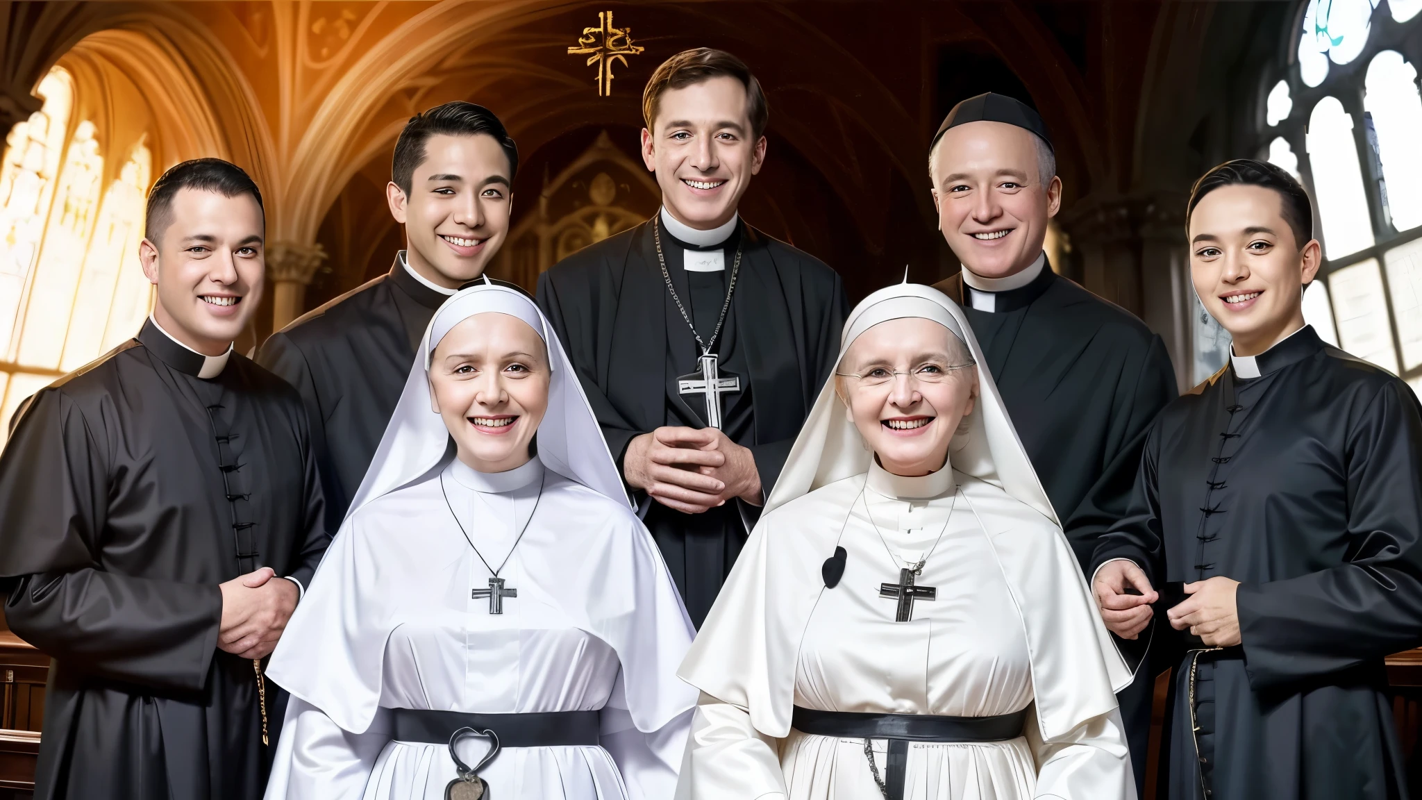 group of priest men and women dressed in black and white robes with creepy smile, two nuns smiling creepy, two nuns, nun outfit, religious robes, servants, catholic, 💣 💥💣 💥, nun, wearing black robes, beyonce as the pope, wearing robes and neckties, style blend of the vatican, two nuns wearing white nun outfit, very detailed image, 16k resolution, caught on camera, all smiling wide, very scary smile, very detailed, all men are wearing black priest suit