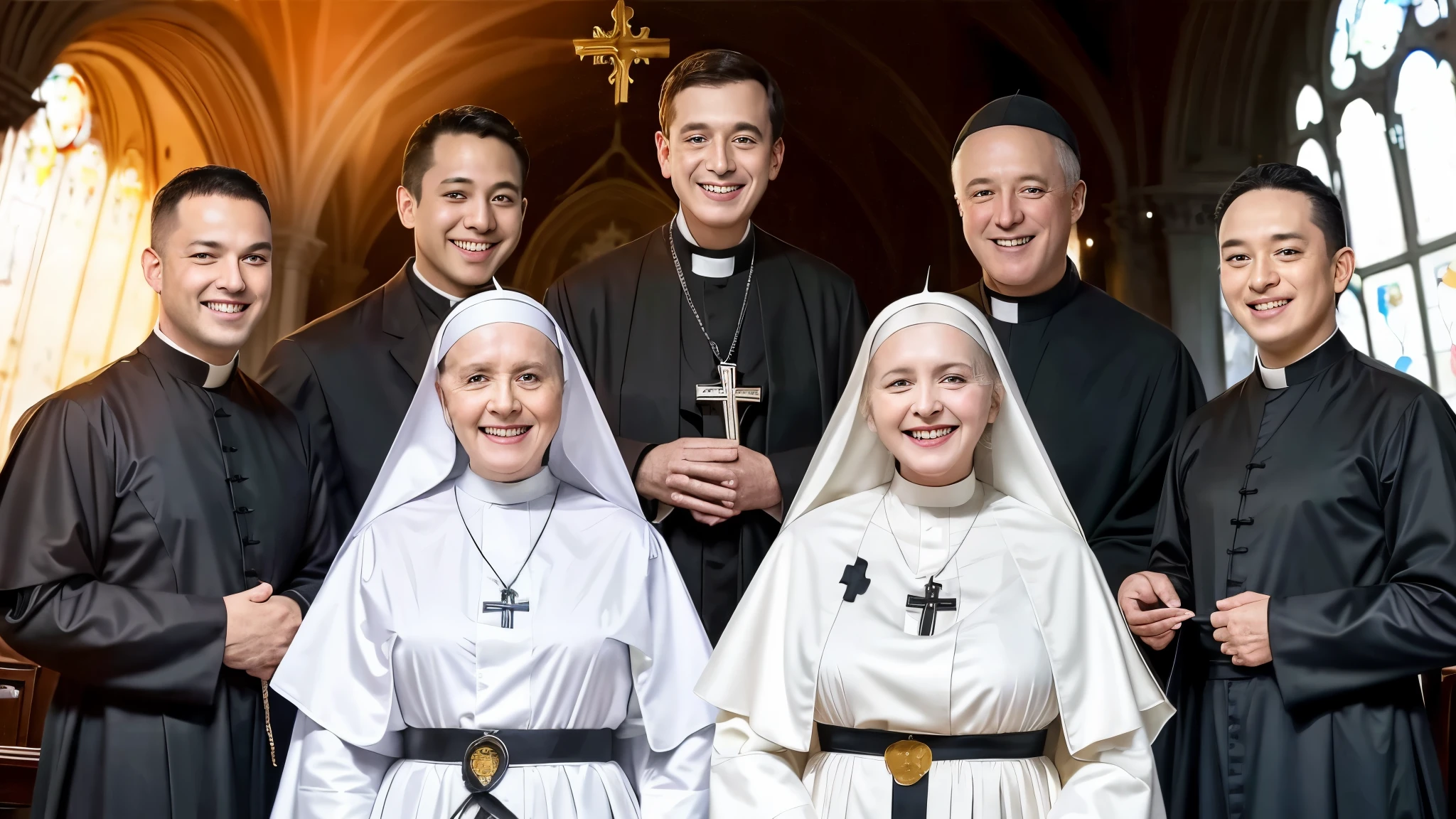 group of priest men and women dressed in black and white robes with creepy smile, two nuns smiling creepy, two nuns, nun outfit, religious robes, servants, catholic, 💣 💥💣 💥, nun, wearing black robes, beyonce as the pope, wearing robes and neckties, style blend of the vatican, two nuns wearing white nun outfit, very detailed image, 16k resolution, caught on camera, all smiling wide, very scary smile, very detailed, all men are wearing black priest suit 