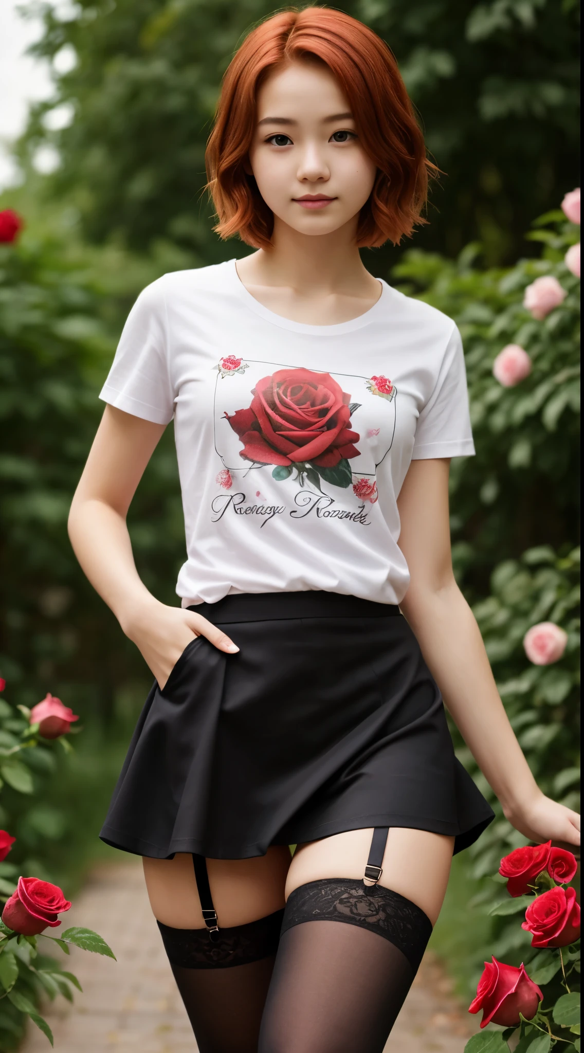 raw photos: 1.2, 16 years old , formal short hair, red hair, t-shirt, Fresh rose pattern skirt, black stockings, beautiful pose, realistic, 8d
