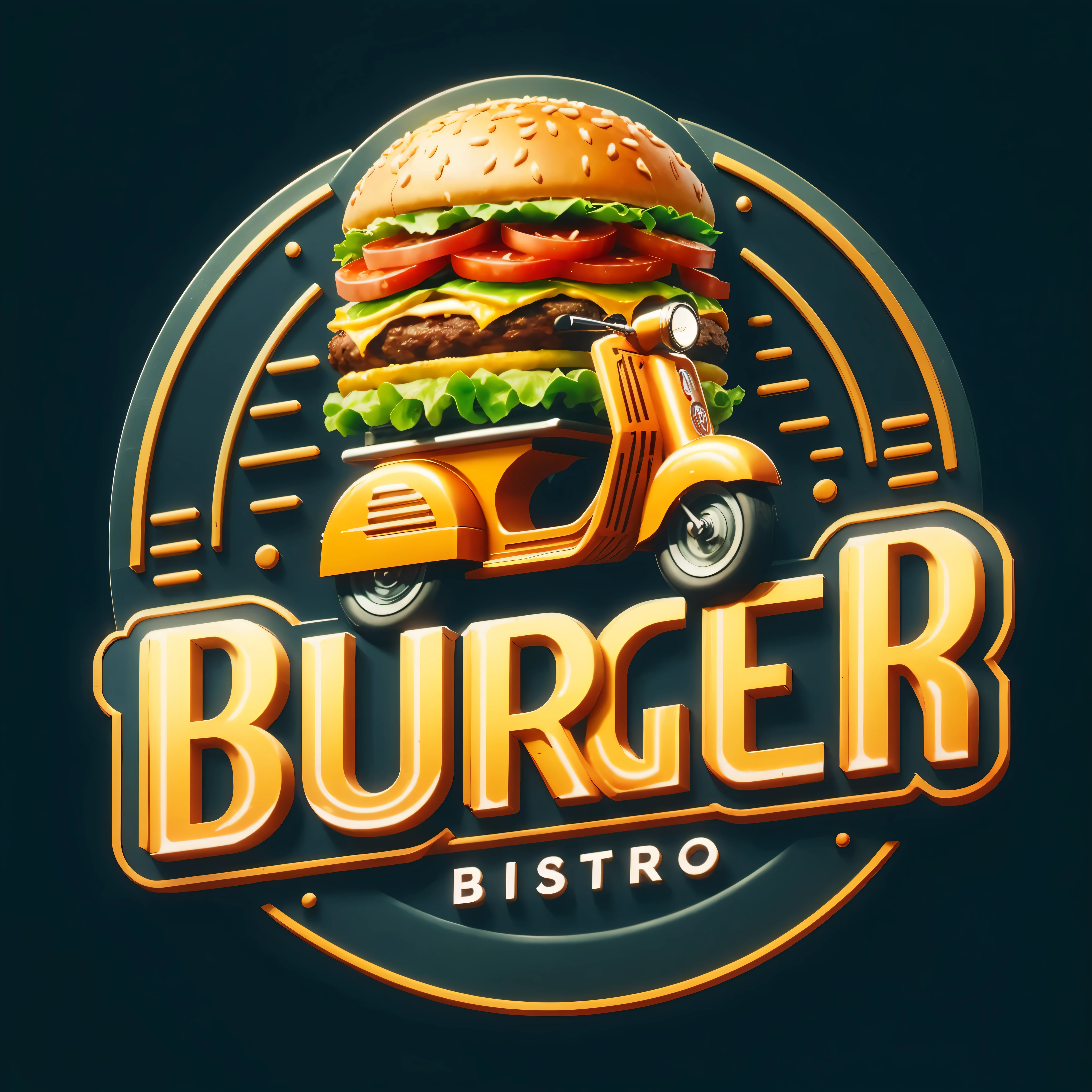 A round logo for a burger joint with a motorcycle carrying a hamburger on its back. The text “Burger Bistro” is written in orange and white. 3D, metallic effect on the letters and background, highly detailed burger, logotipo cheio de detalhes, hamburger with green lettuce, tomate e queijo