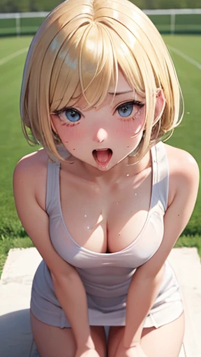 Very detailed image 8k European junior high school girl Beautiful girl Blonde Short hair Small breasts Beautiful legs Blushing Sweat outside Athletics Crawling on all fours Composition viewed from above Mouth wide open, tongue out White skin Regretful expression White dress Looking at camera