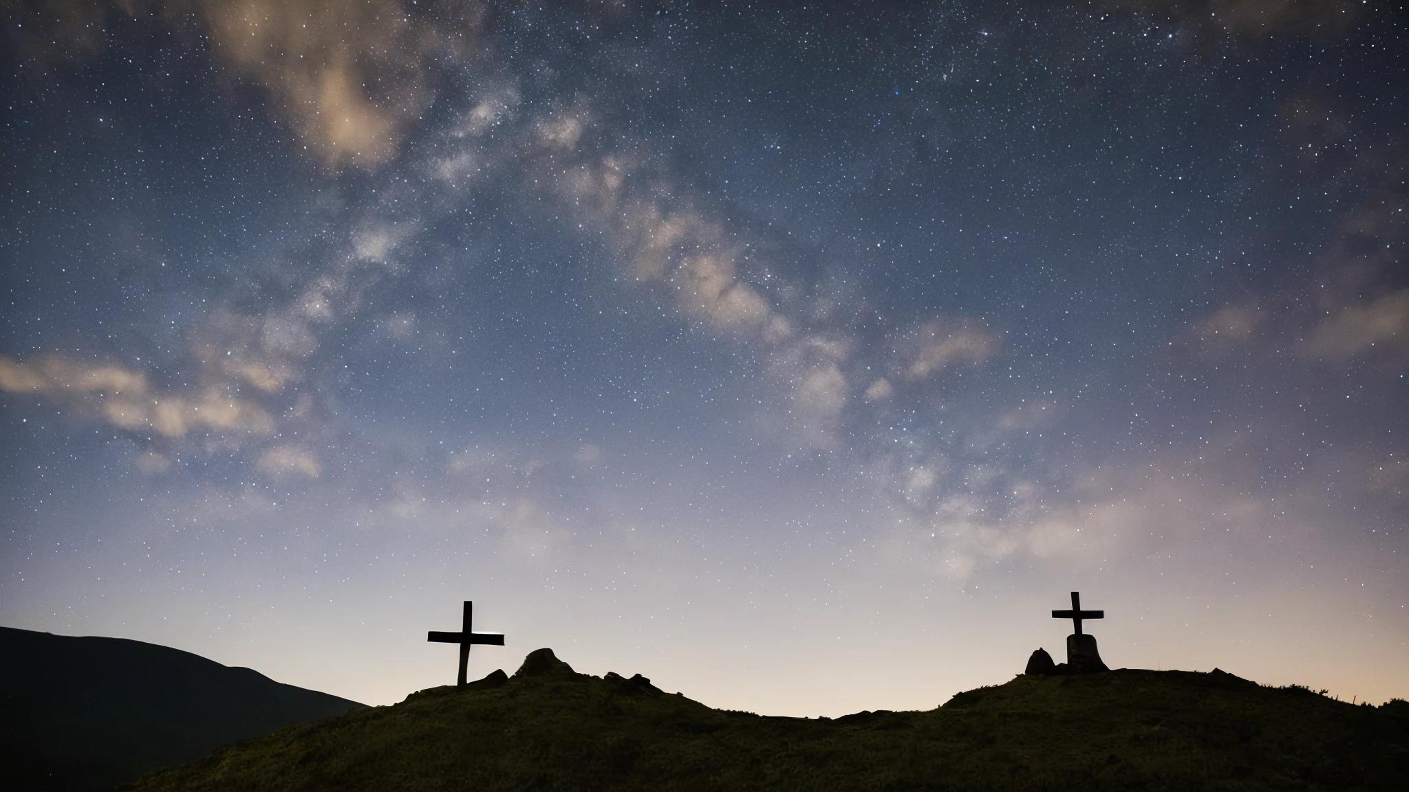 A rough cross on a hill with a starry sky々nice view, night sky photography, Southern Cross, Photographed with Sigma 2 0mm f1. 4, star on the crown, Pointing to the Heavens, astrophotgraphy, The pinnacle of heaven, Atmospheric Photography, starry sky, stars in the sky, ghost night sky