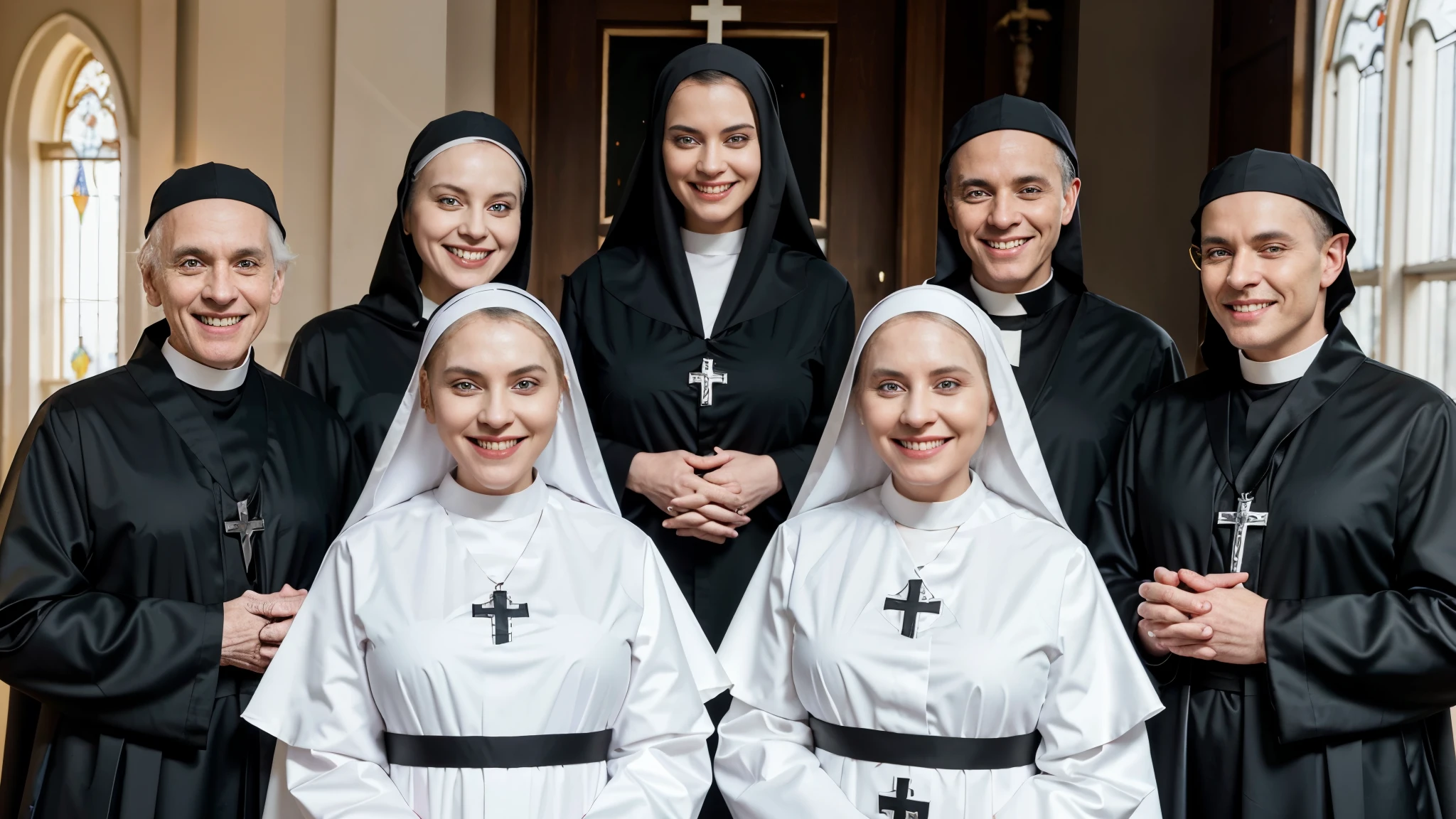 group of priest men and women dressed in black and white robes with creepy smile, two nuns smiling creepy, two nuns, nun outfit, religious robes, servants, catholic, 💣 💥💣 💥, nun, wearing black robes, beyonce as the pope, wearing robes and neckties, style blend of the vatican, two nuns wearing white nun outfit, very detailed image, 16k resolution, caught on camera, all smiling wide, very scary smile, very detailed, all priest and nun are wide eyes and very scary