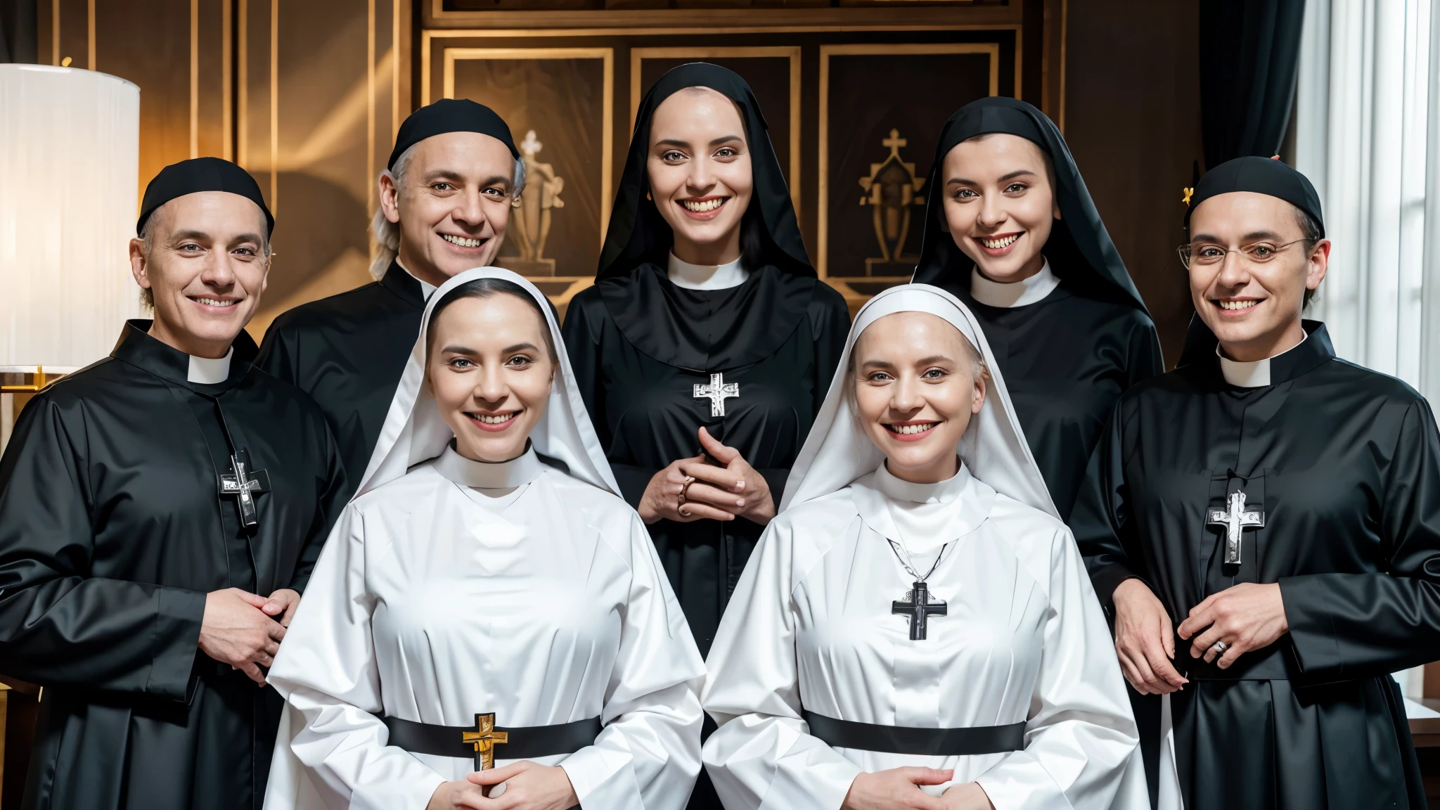 group of priest men and women dressed in black and white robes with creepy smile, two nuns smiling creepy, two nuns, nun outfit, religious robes, servants, catholic, 💣 💥💣 💥, nun, wearing black robes, beyonce as the pope, wearing robes and neckties, style blend of the vatican, two nuns wearing white nun outfit, very detailed image, 16k resolution, caught on camera, all smiling wide, very scary smile, very detailed, all priest and nun are wide eyes and very scary