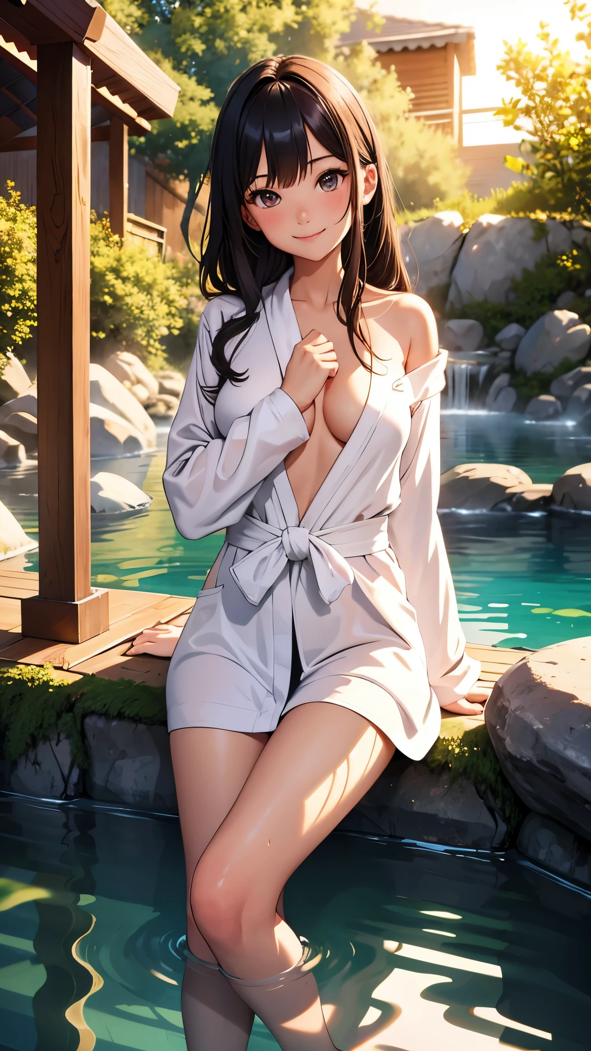 (Super detailed,ultra high resolution,Detailed background),1 girl,alone,looking at the audience，Smile，hot spring，Half of your body is in the water，bathrobe