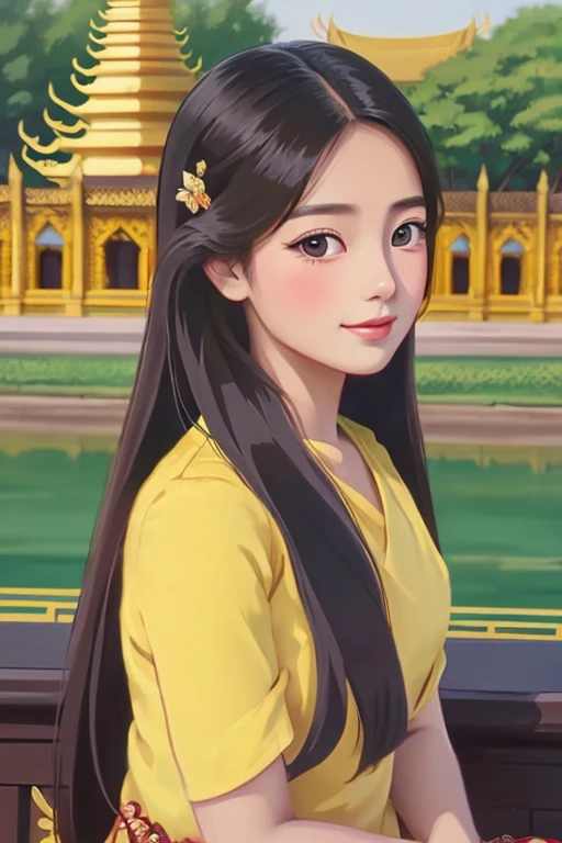 (Individual view) Fine art s silk dress) wearing a long-haired princess.  Cartoon anime (oil painting) Burmese girl, 18 years old, Bagan Pagoda view, clear background Hd 8k