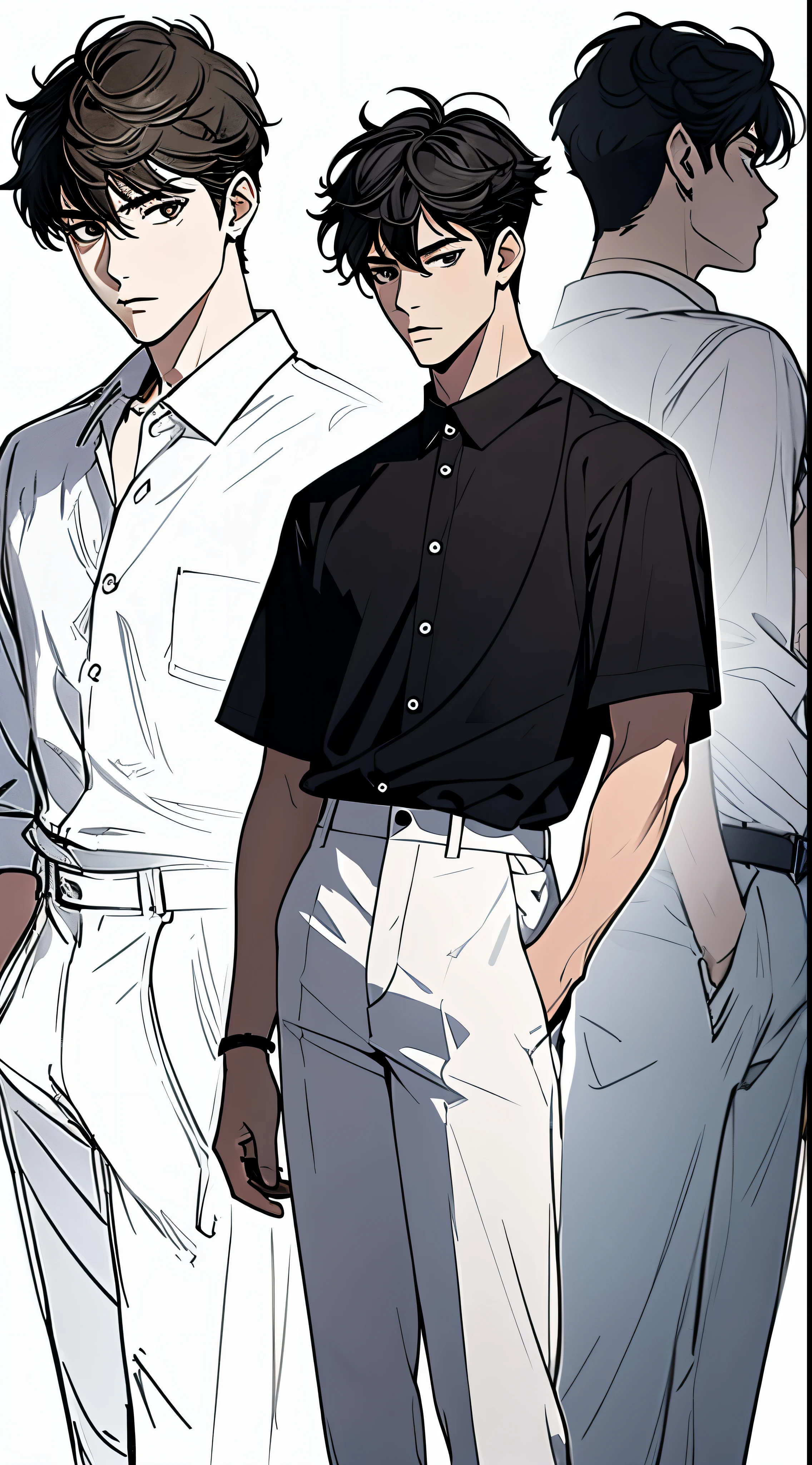 chef-d&#39;œuvre, Acura, Seulement, cheveux noirs, yeux violets, vêtements modernes, chemise blanche, 20 ans, Uniforme étudiant, Fermer, tout le corps, Dessin au trait background, fond blanc, Monochromes, Dessin au trait, ((esquisser)), hijikata toshirou, Gintama, feuille de personnage, mâle, un jeune homme, visage ultra détaillé, cheveux détaillés, Des yeux vibrants, Faire demi-tour, Seulement, fiche d&#39;émotions
