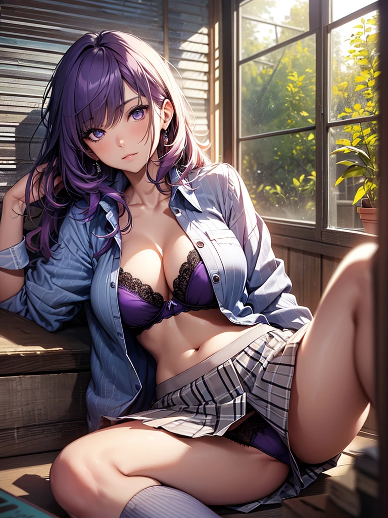 blown by the long wind [dark:.3] Purple hair,looking at the viewer, (table top:1.3), (8K, realistic, RAW photo, highest quality: 1.4), Japanese, (1 girl), beautiful face, (realistic face),Wavy medium hair、with long bangs、（purple hair: 1.3）、purple hair 、beautiful hair style, realistic eyes, beautiful and detailed eyes, (realistic skin), beautiful skin, charm, ultra high resolution, 超realistic, very detailed, golden ratio,masterpiece, highest quality, Misaka Mikoto,purple eyes 、 big breasts, ((Lie down and open your legs））,(show off panties))), looking at the viewer, alone, collared shirt, school uniform, purple bra、Purple panties、classroom、mini skirt、Exposed skin