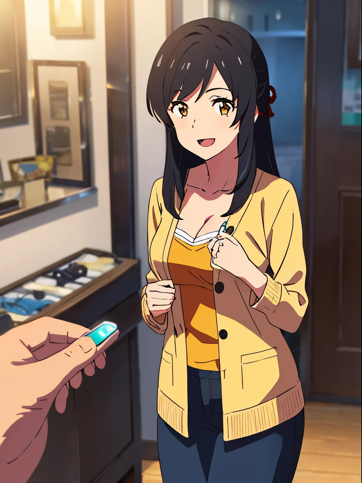 shinkai makoto, kimi no na wa., 1girl, bangs, black hair, brown eyes, open mouth :D, Twisted Half Up, red ribbon, long hair, long sleeve light yellow cardigan, open shirt, yellow shirt, cleavage, breast, medium breast, Orange shirt, name tag written "LUMINE Miyamizu", looking at the viewer, indoors, jewelry products, jewelry shop, jewelry saleswoman, indoors, mall, masterpiece, perfect anatomy, cowboyshot, POV (POV boy's hands holding girl's chest POV)