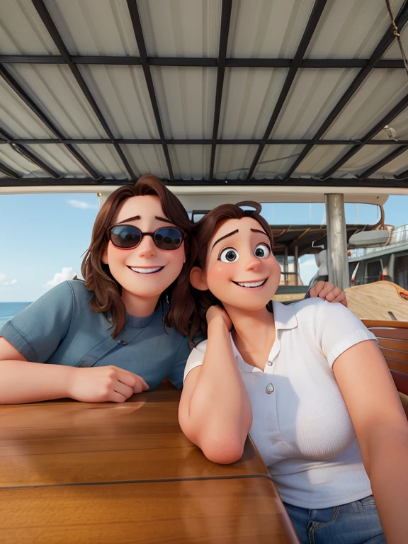 there are two women sitting at a table with a smile on their faces, on a boat, vacation photo, on the deck of a ship, on a boat on a lake, having a time of our un-life, annoying sister vibes, non blurry, both smiling for the camera, taken with sony alpha 9, pov photo, with ivy