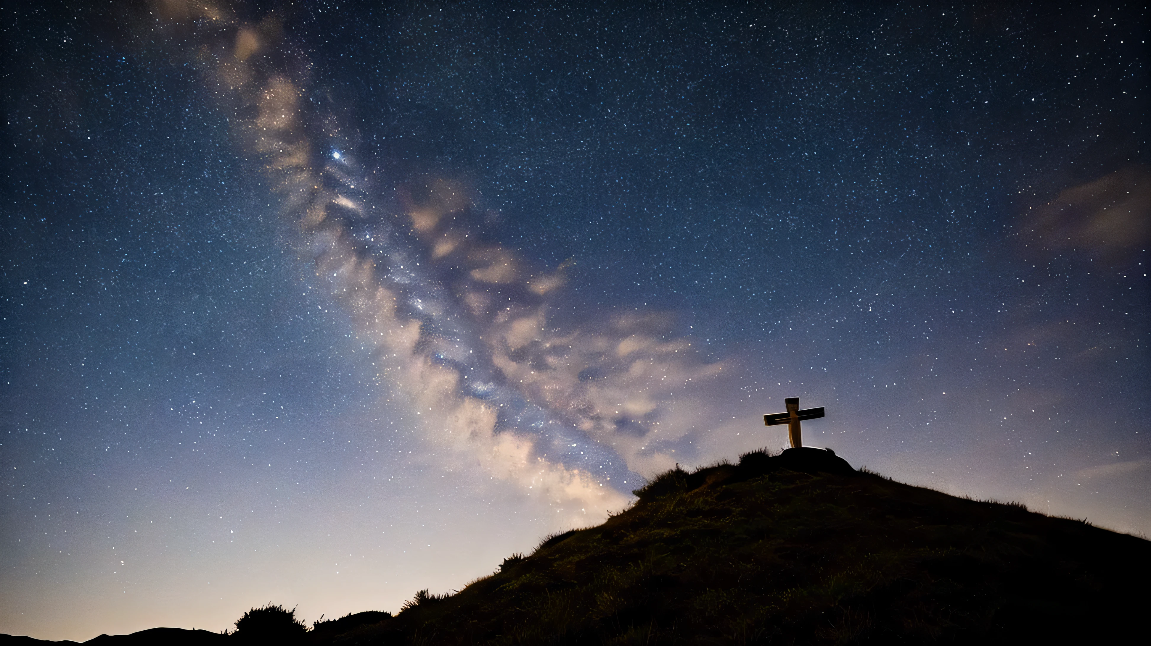 A rough cross on a hill with a starry sky々Nice view, night sky photography, Southern Cross, Photographed with Sigma 2 0mm f1. 4, crown star, Pointing to the Heavens, astrophotgraphy, The pinnacle of heaven, Atmospheric Photography, starry sky, stars in the sky, ghost night sky