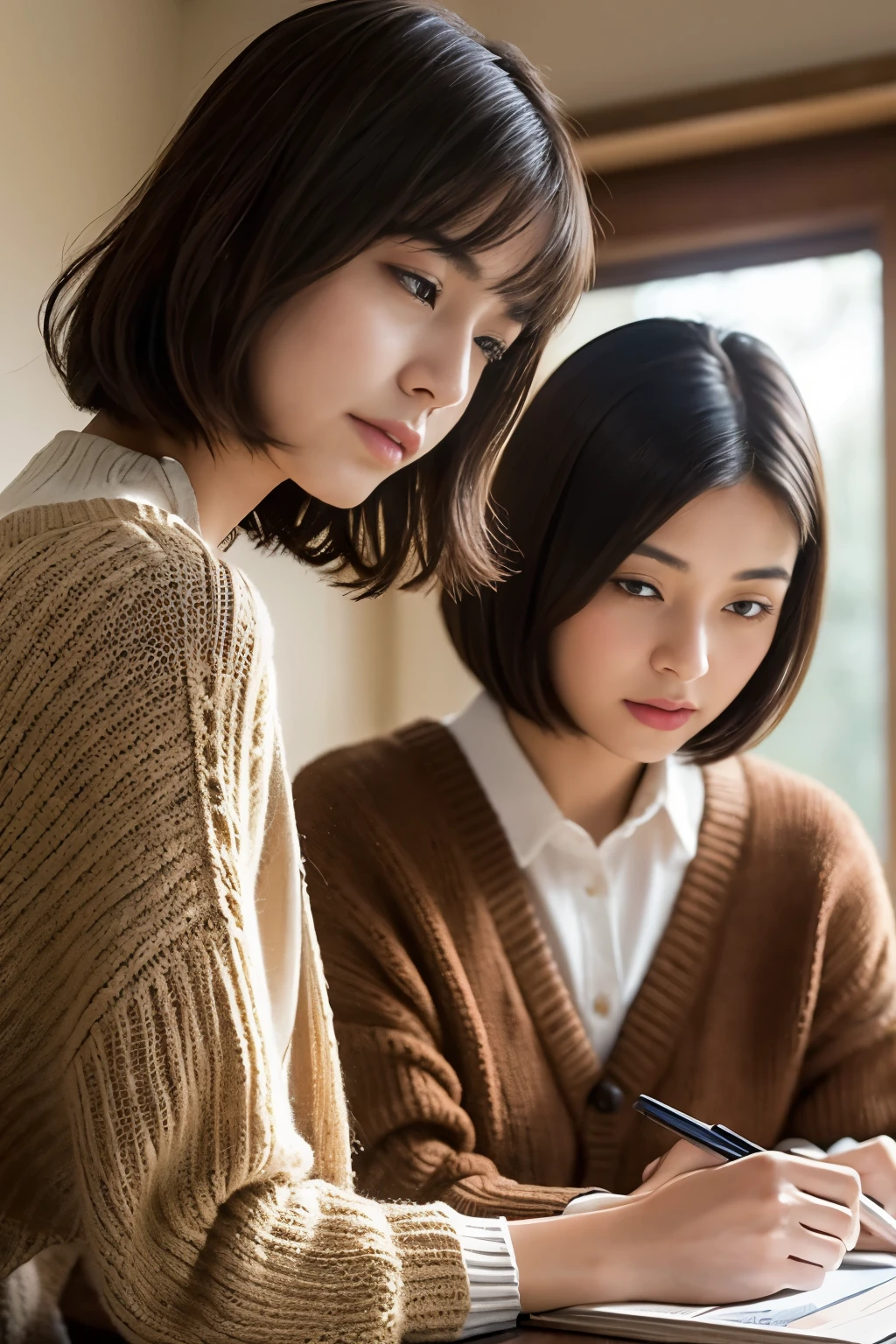 Pretty two ladies are engrossed in their studies at home, clad in warm attire to ward off the chill. One is wearing a cozy sweater with long sleeves, her chestnut brown hair cascading down her shoulders. Her eyes are focused intently on her textbook, her brow furrowed in thought. The other lady is wrapped in a knitted cardigan, her curly bob framing her face. She is hunched over her notebook, a quill pen in hand, her expressive brown eyes reflecting her deep concentration. Sunlight filters in through the window, casting a warm glow over the scene. Their faces are radiant with the pleasure of learning, their countenances serene and