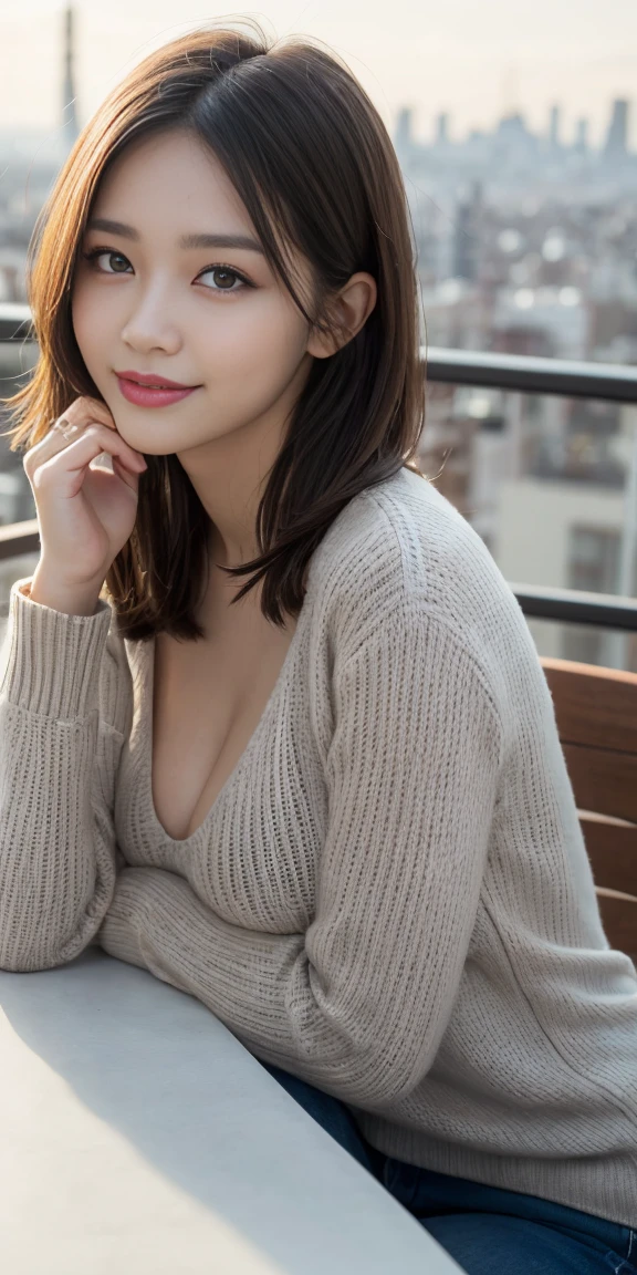on the table, best quality, Realism, fine details, high resolution, 8k wallpaper, Perfect dynamic composition, Beautiful and delicate eyes, medium hair, Full, large breasts, Casual and sexy pose,Random cases、Gray skinny sweater、Bulging breasts、a smile、overlooking the city、25 years old、(droopy eyes 1.3)、adult beauty、natural makeup、Japan