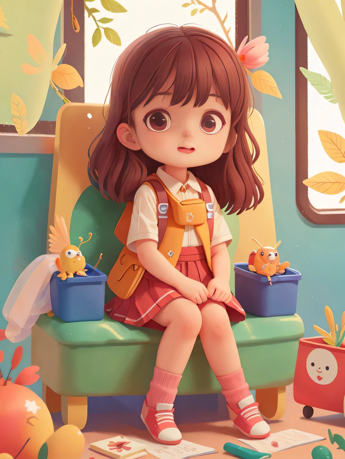 1 girl, preschool,Sitting in the school bus, nursery school, school bus, (masterpiece: 1.2) (actual: 1.2) (Bokeh) (best quality) (delicate skin: 1.3) (intricate details) (8k) (exquisite eyes) (sharp focus), (happy)