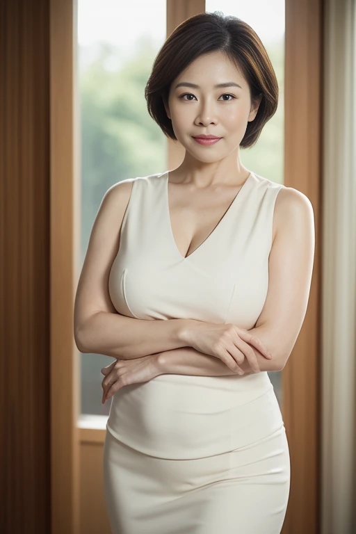 masuter piece, top-quality, masterpiece, hight resolution, Photorealsitic, Raw photography, 8k wallpaper, flawless, profetional lighting, ighly detailed, depth of fields,Pale solid color background, ((Japanese mature woman in her 50s)), chubby figure, Female sexy, Detailed face, beautidful eyes, bangss, large full breasts, Straight light brown hair that reaches to the shoulders, Faint lips, ((stand facing the center of the screen, Staring at the viewer, Serious face)),Business Wear, foot out of frame, Looking at Viewer, cowboy shotmasuter piece, top-quality, masterpiece, hight resolution, Photorealsitic, Raw photography, 8k wallpaper, flawless, profetional lighting, ighly detailed, depth of fields,Pale solid color background, ((Japanese mature woman in her 50s)), chubby figure, Female sexy, Detailed face, beautidful eyes, bangss, large full breasts, Straight light brown hair that reaches to the shoulders, Faint lips, ((stand facing the center of the screen, Staring at the viewer, Serious face)),Business Wear, foot out of frame, Looking at Viewer, cowboy shot, A noble madame over the age of 50, thicker legs, massive and plump figure, (Joan Chen:1.45), (huge breasts:1.25)