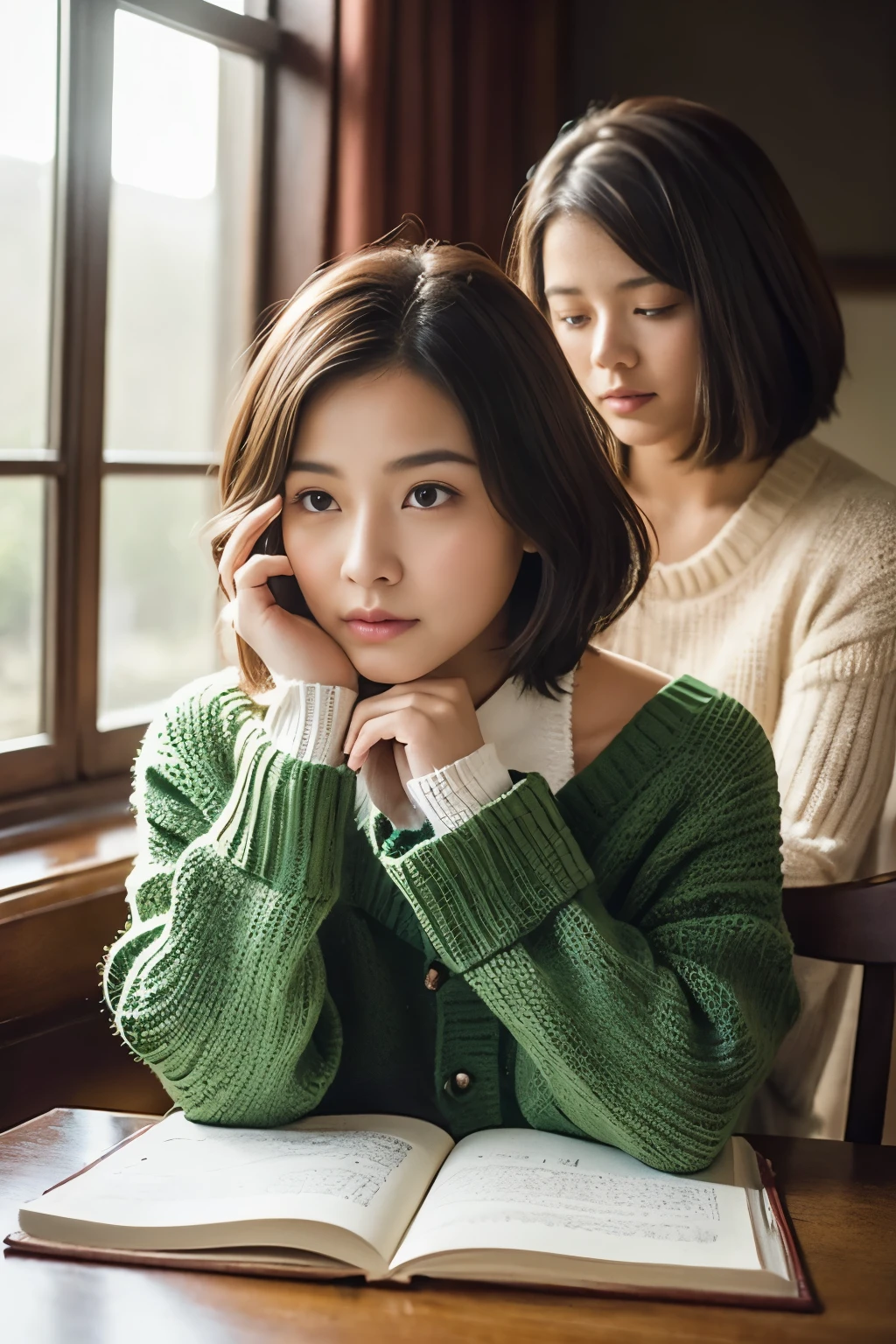 Pretty two ladies are engrossed in their studies at home, clad in warm attire to ward off the chill. One is wearing a cozy sweater with long sleeves, her chestnut brown hair cascading down her shoulders. Her eyes are focused intently on her textbook, her brow furrowed in thought. The other lady is wrapped in a knitted cardigan, her curly bob framing her face. She is hunched over her notebook, a quill pen in hand, her expressive brown eyes reflecting her deep concentration. Sunlight filters in through the window, casting a warm glow over the scene. Their faces are radiant with the pleasure of learning, their countenances serene and