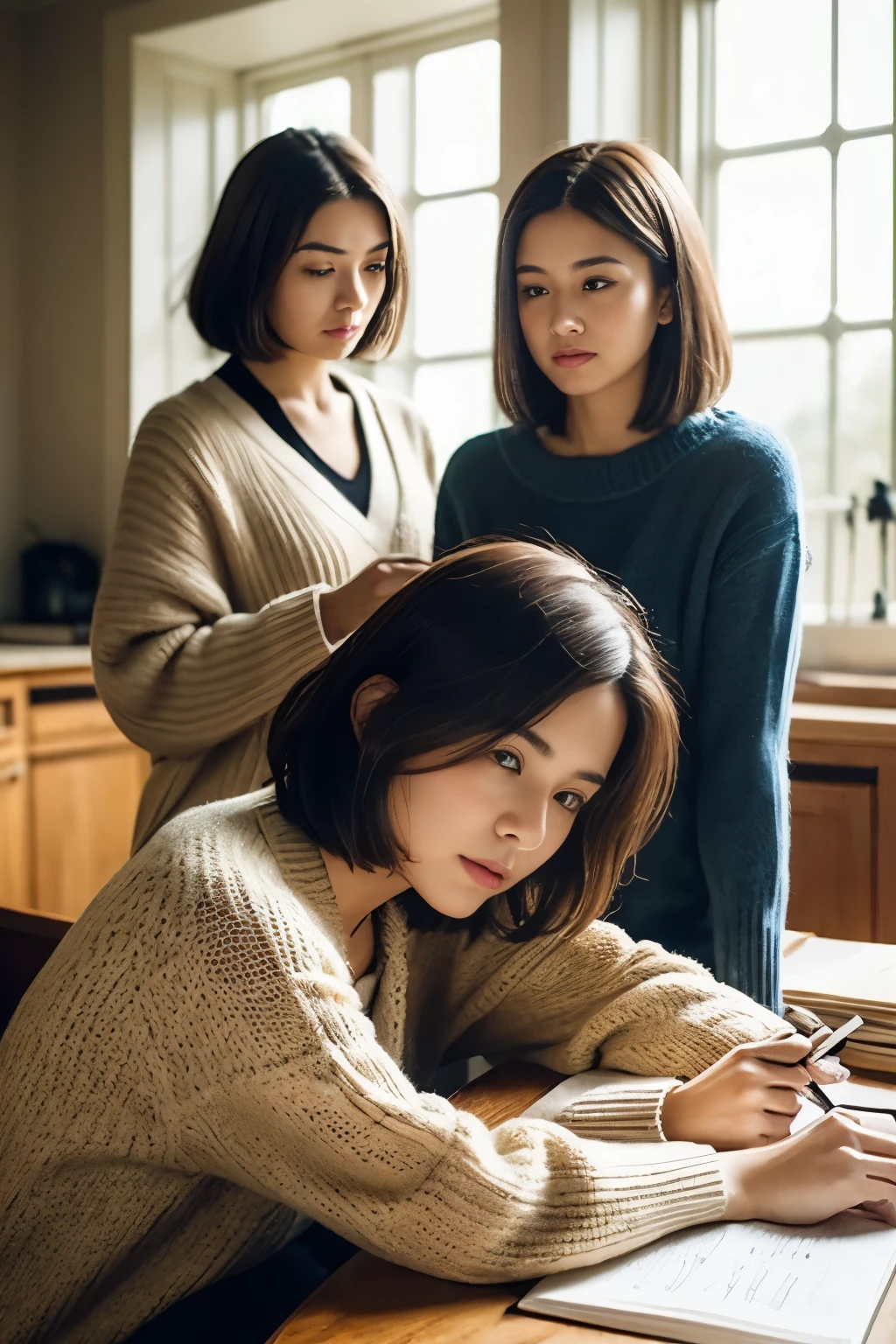 Pretty two ladies are engrossed in their studies at home, clad in warm attire to ward off the chill. One is wearing a cozy sweater with long sleeves, her chestnut brown hair cascading down her shoulders. Her eyes are focused intently on her textbook, her brow furrowed in thought. The other lady is wrapped in a knitted cardigan, her curly bob framing her face. She is hunched over her notebook, a quill pen in hand, her expressive brown eyes reflecting her deep concentration. Sunlight filters in through the window, casting a warm glow over the scene. Their faces are radiant with the pleasure of learning, their countenances serene and