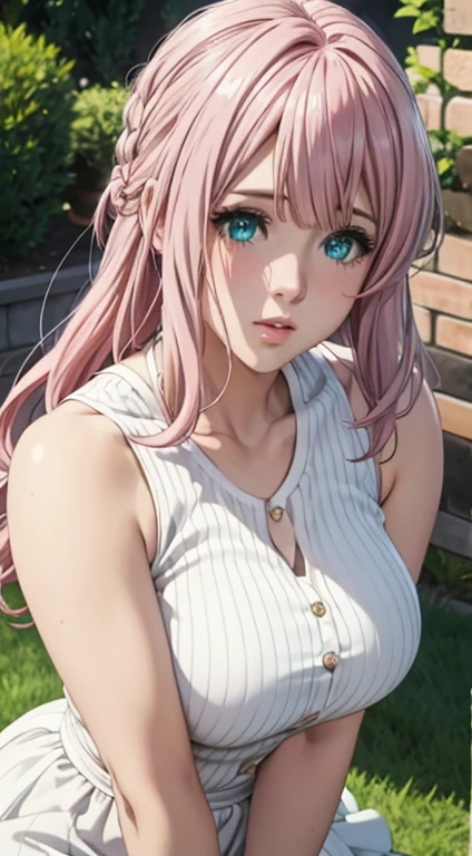 Very Cute girl,big sized breast ,half naked ,ultra realistic eyes, sleeveless white night dress,garden outside, pink colour hair,bright green eyes, ultra realistic detailed eyes, innocent eyes, looking at camera,long pink hair,