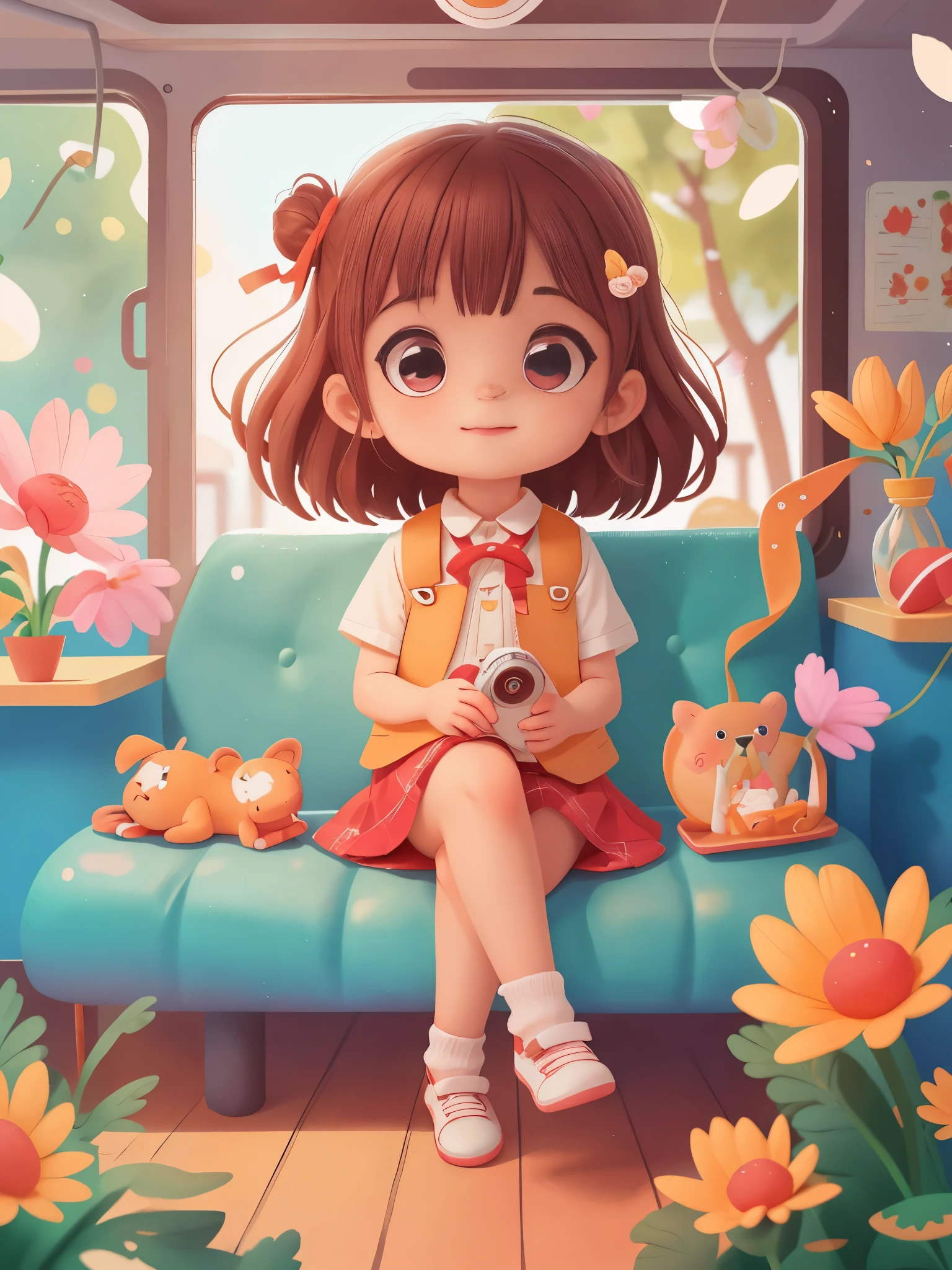 1 girl, preschool，Sitting in the bus, Looking out from the car，nursery school, (masterpiece: 1.2) (actual: 1.2) (Bokeh) (best quality) (delicate skin: 1.3) (intricate details) (8k) (delicate eyes) (sharp focus), (happy)