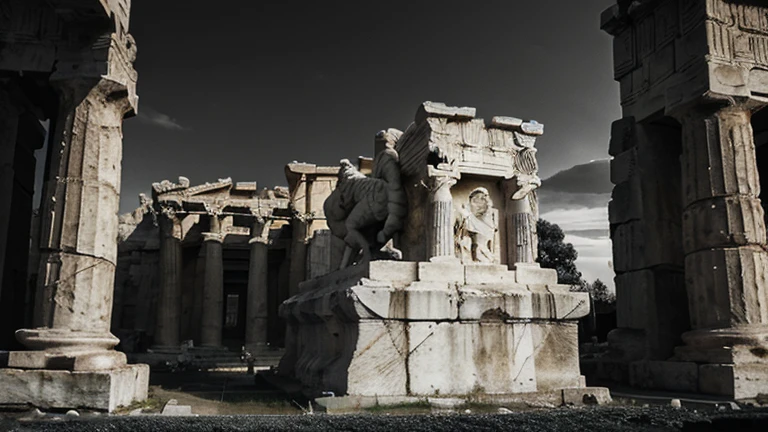 "A very dark landscape image of an ancient greek society deeply connected to stoicism, black and white, ancient greek architecture, include one single big statue of a stereotypical strong greek man, marcus aurelius