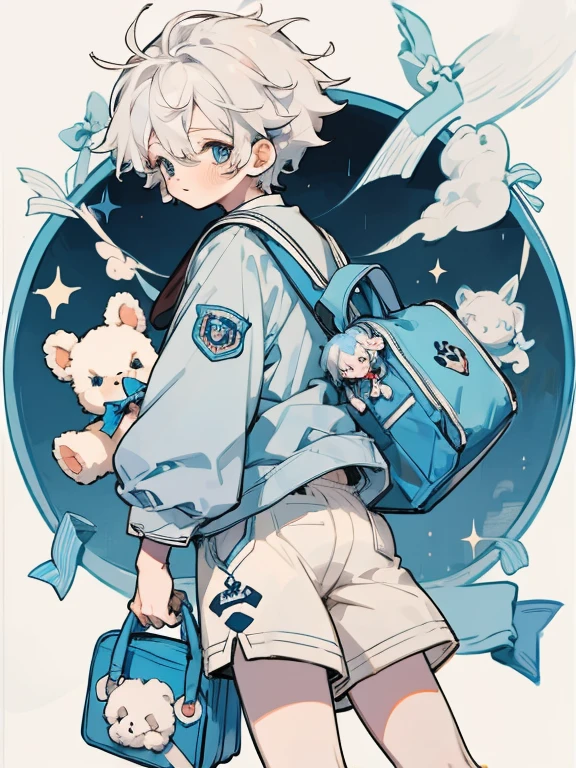 One boy Shota White teddy bear Jersey Blue school bag Shorts Light blue jersey White hair Blue eyes High quality High resolution