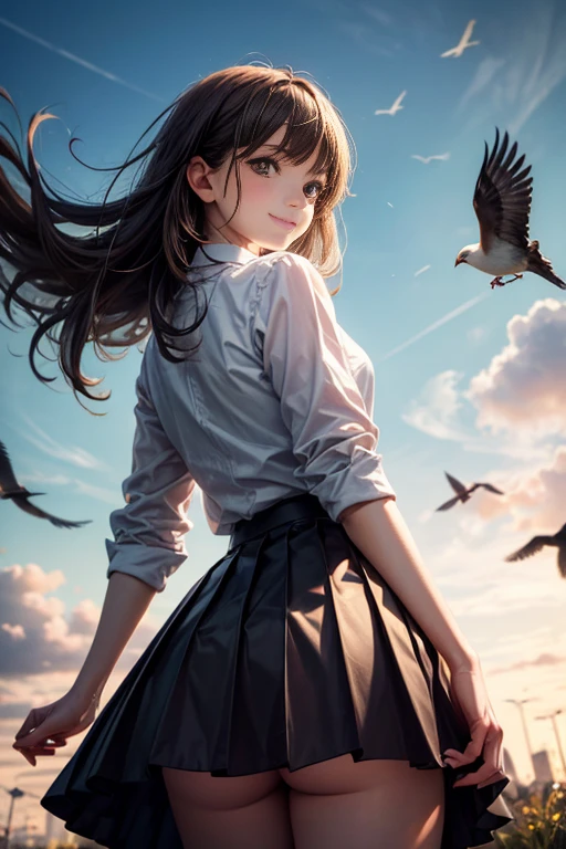 Very cute and beautiful girl,Young, cute face,(Highly detailed beautiful face and eyes:1.2), 3d girl, cgi, White blouse,Pleated skirt, white panties, standing,(from behind),(Viewing viewer),street,small birds,shy smile,brown hair,from below,low_angle_human,(underskirt shot),(highest quality,masterpiece:1.2),High resolution,alone,hair blowing in the wind,beautiful and detailed sky