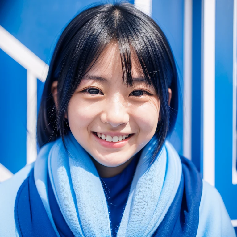 The face of a smiling young Japanese woman wearing blue clothes with a futuristic design. Focal length 100mmf/2.8, blue space, the letters "SA" painted on the blue wall, close-up of facial expressions, film quality.