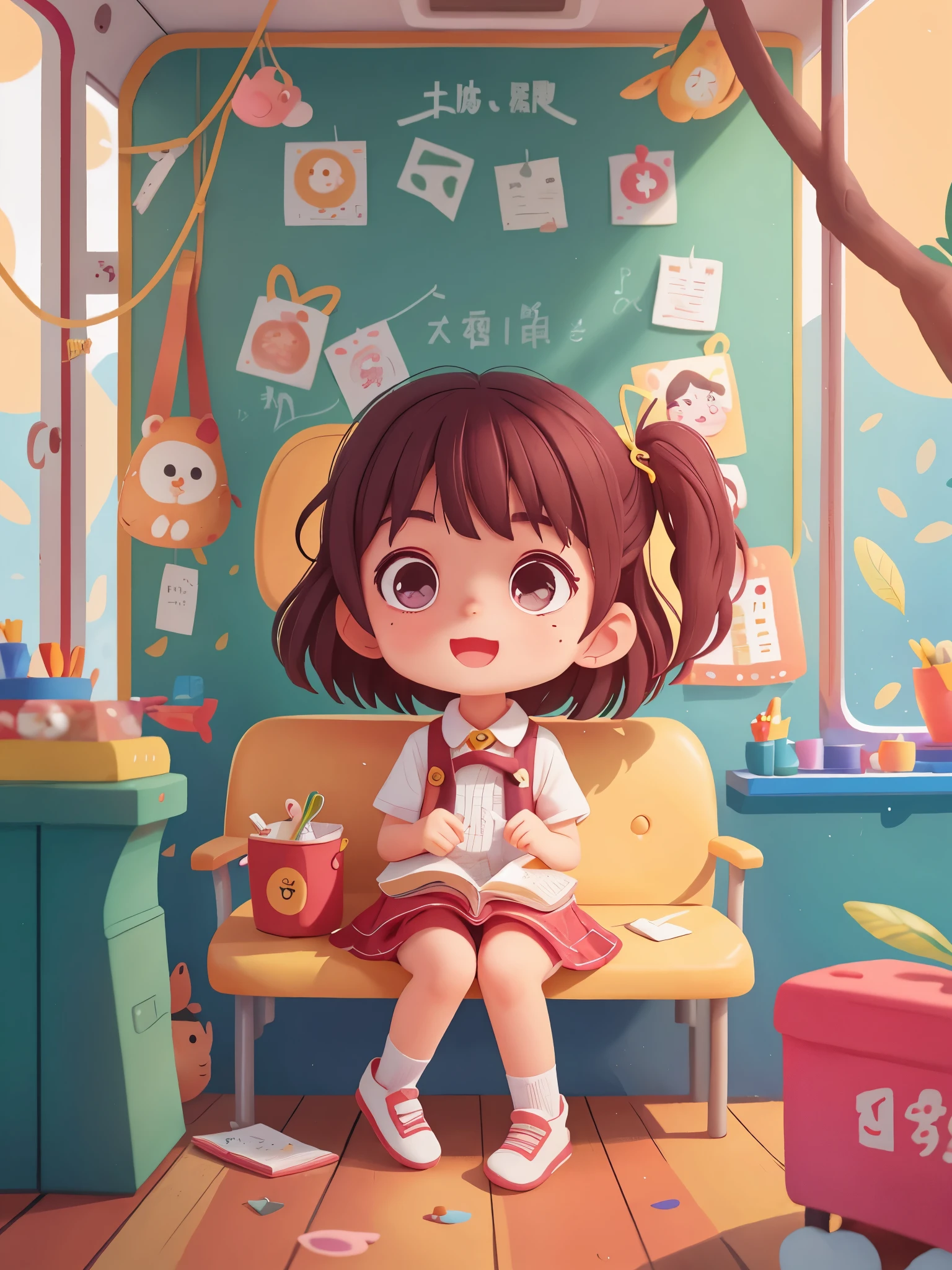 1 girl, preschool，从Bus里向窗外看，Bus，school bus, (masterpiece: 1.2) (actual: 1.2) (Bokeh) (best quality) (delicate skin: 1.3) (intricate details) (8k) (delicate eyes) (sharp focus), (happy)