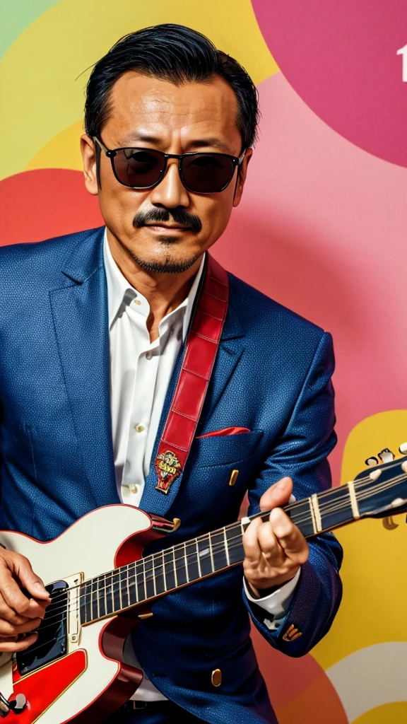 50 years old，Hidetoshi Nakata ，（Kogoro Mouri 1.3), tong, mustache，little beard, ray ban sunglasses, playing guitar, nice colourful pattern background, super detail, photography picture, wallpaper picture quality, masterpiece, high resolution, 4k hd, 8k hd, 16k hd