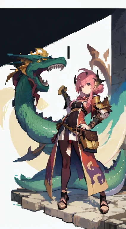 一个女人与一条dragon的像素艺术特写, Being a badass monster hunter, With scaly armor, dragon, DND fantasy art, Character art of Maple Leaf Story, proper style, kirokaze pixel art, Wearing Monster Hunter Armor, Coriolis RPG art style, with leviathan axe, dragon女